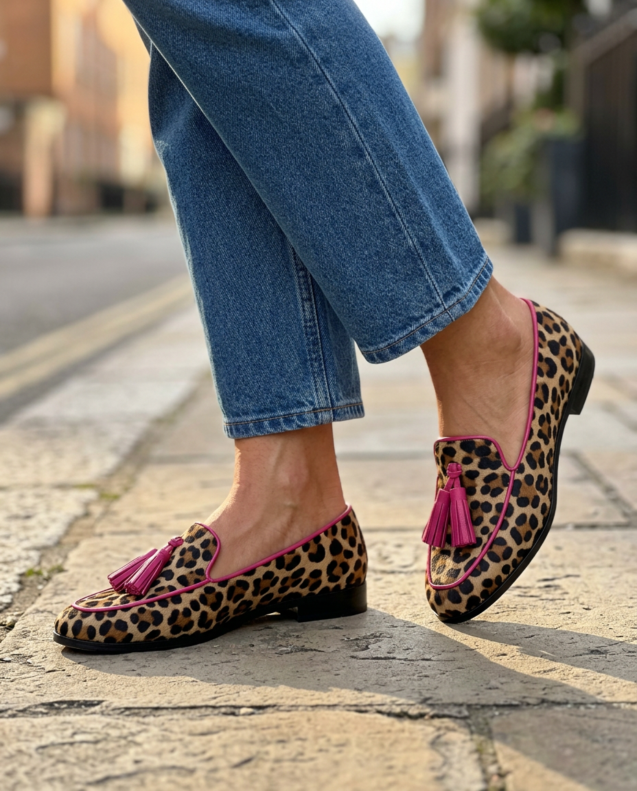Moccasin — Leopard Print with Fuchsia Trim and Tassels