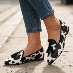 Moccasin — Black and White Cow Print, Black Tassels