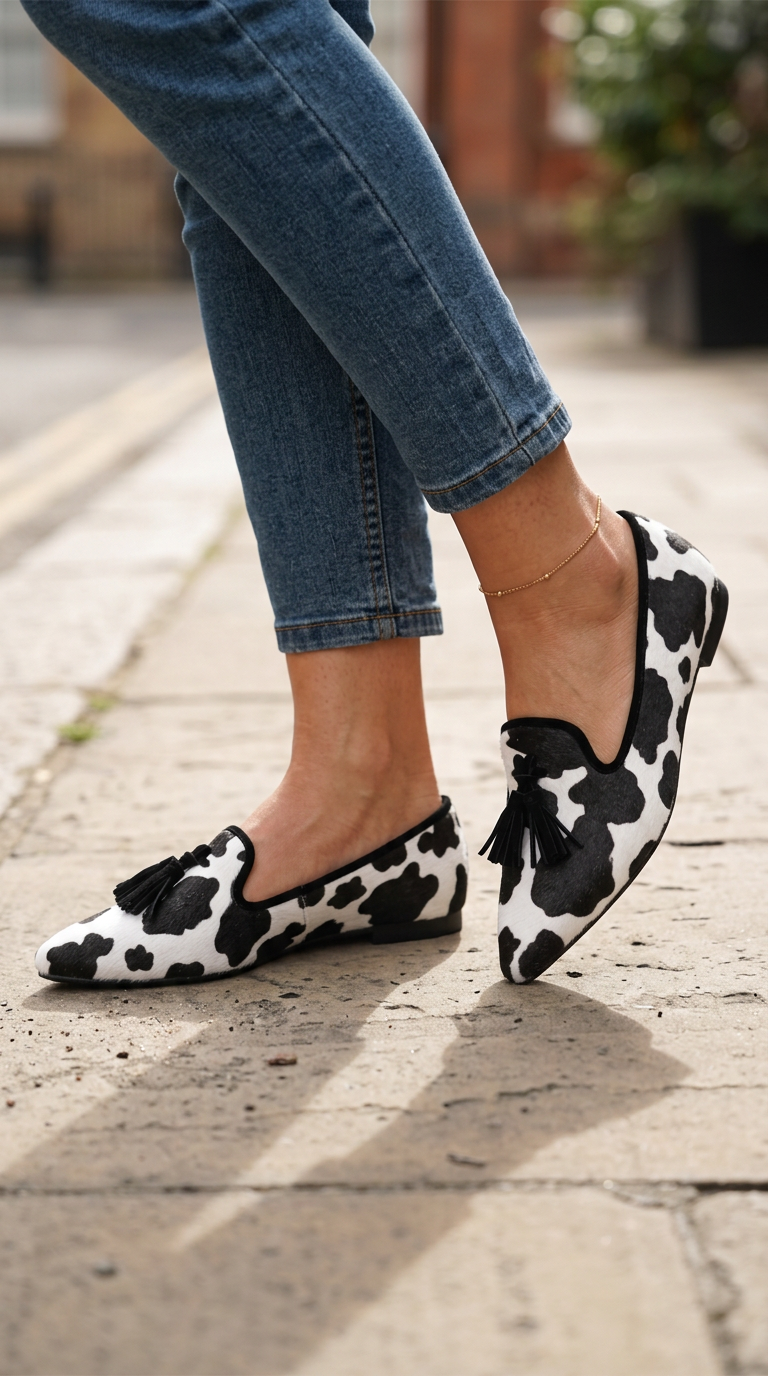 Moccasin — Black and White Cow Print, Black Tassels