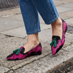 Moccasin — Fuchsia Cow, Green Tassels