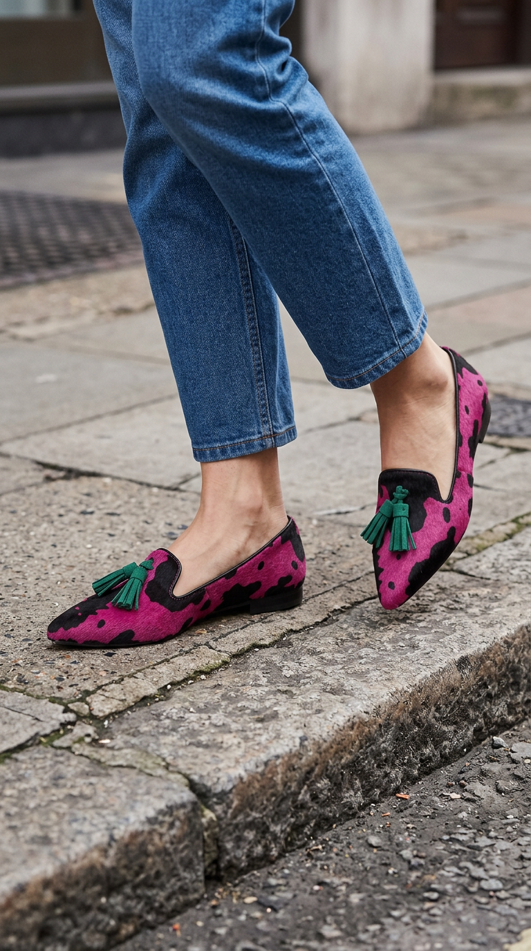 Moccasin — Fuchsia Cow, Green Tassels