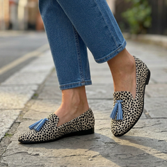 Moccasins — Black and White Leopard with Light Blue Tassels