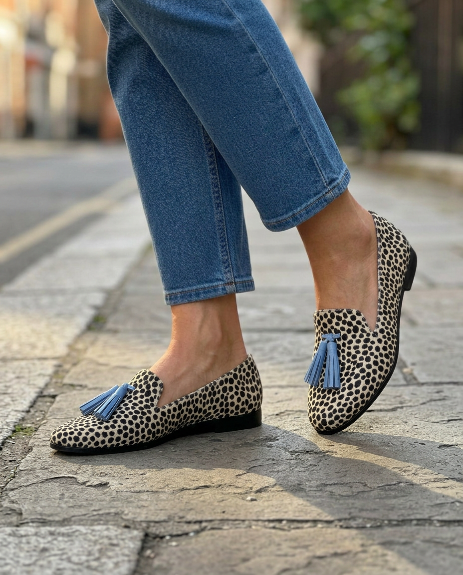 Moccasins — Black and White Leopard with Light Blue Tassels