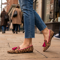 Moccasin — Suede Leopard Print, Fuchsia Tassels