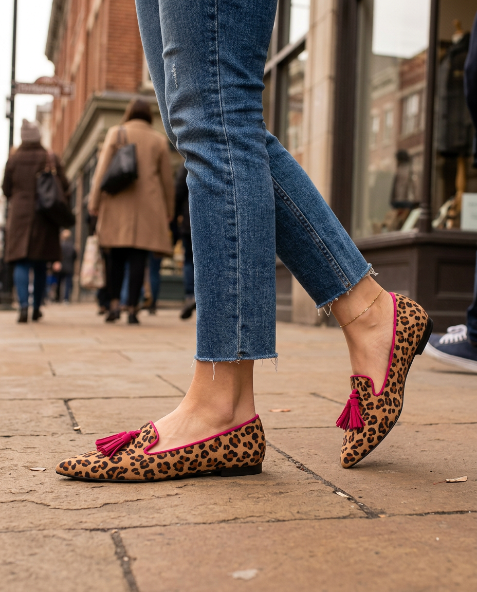 Moccasin — Suede Leopard Print, Fuchsia Tassels