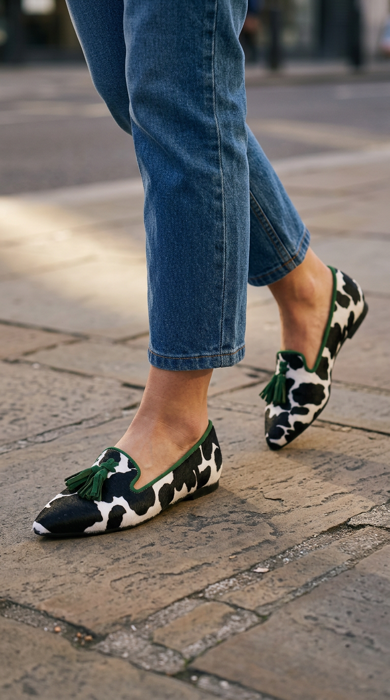 Moccasin — Black and White Cow Print, Green Tassels