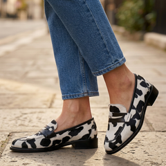 Moccasin — Cow Print with Penny Loafer