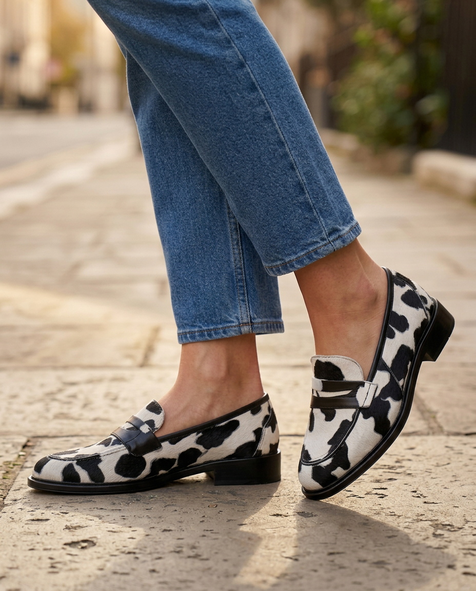 Moccasin — Cow Print with Penny Loafer