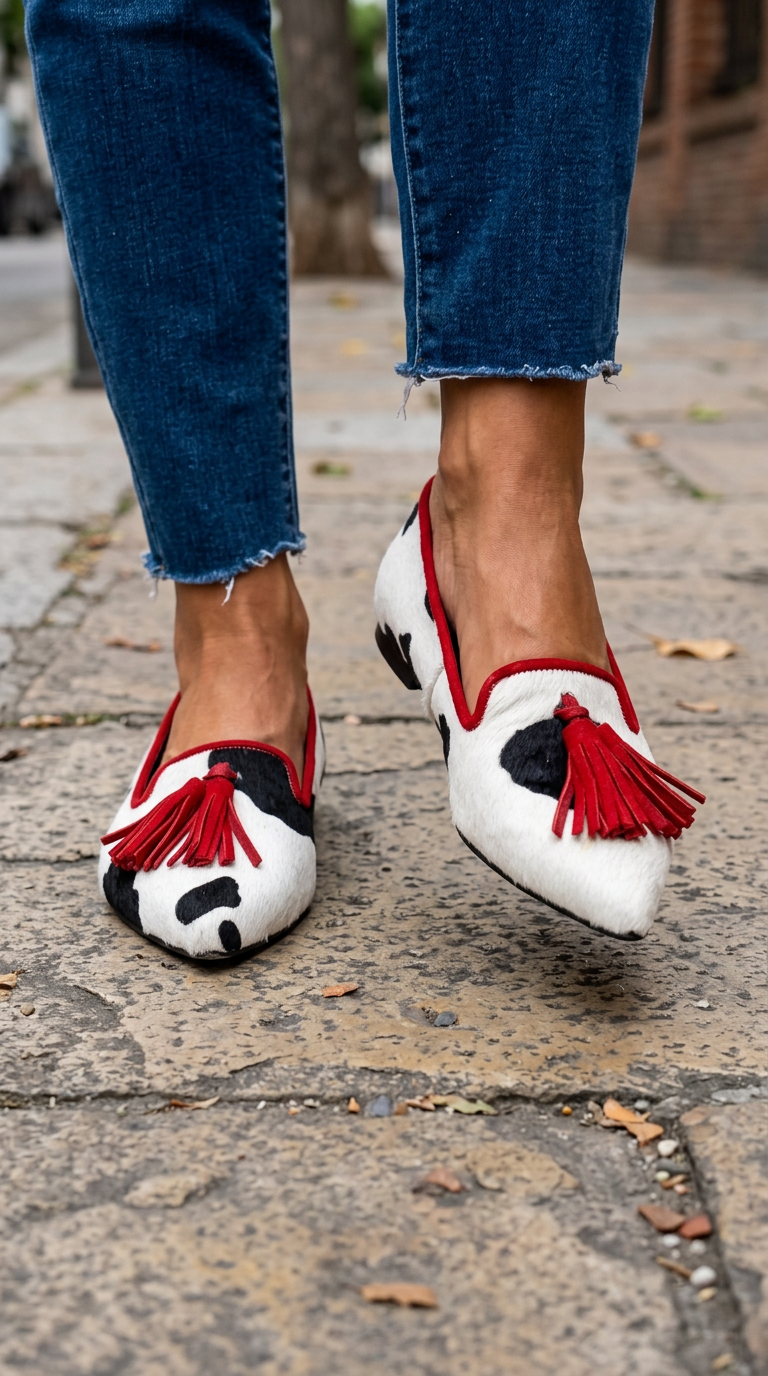 Moccasin — Black and White Cow Print, Red Tassels