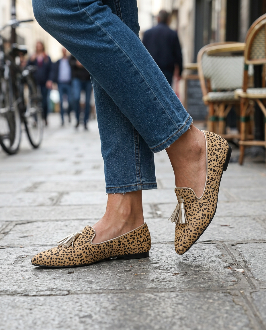 Moccasin — Cheetah, Light Gold Tassels