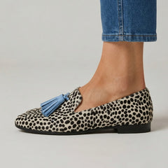 Moccasins — Black and White Leopard with Light Blue Tassels