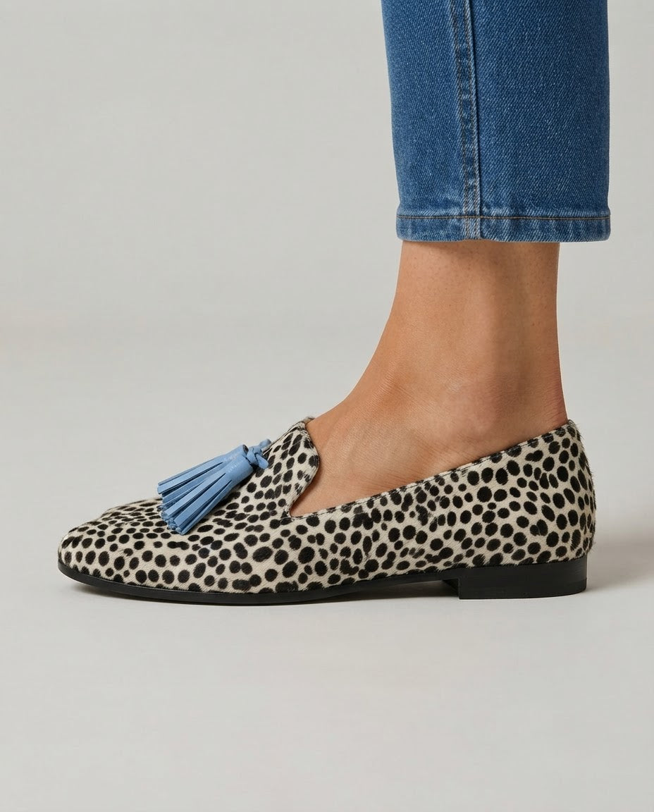 Moccasins — Black and White Leopard with Light Blue Tassels