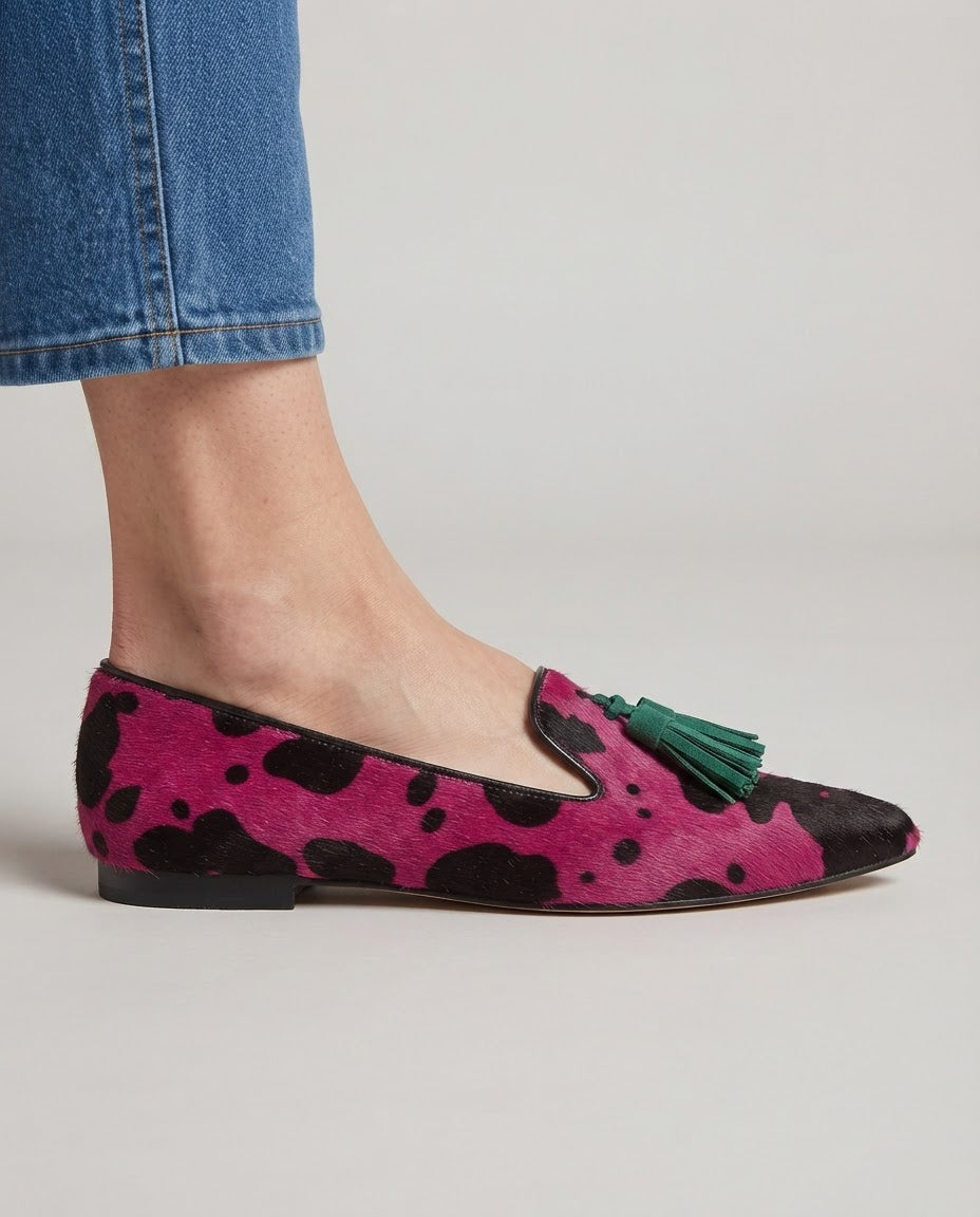 Moccasin — Fuchsia Cow, Green Tassels