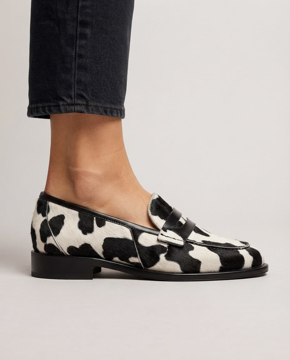 Moccasin — Cow Print with Penny Loafer