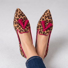Moccasin — Suede Leopard Print, Fuchsia Tassels