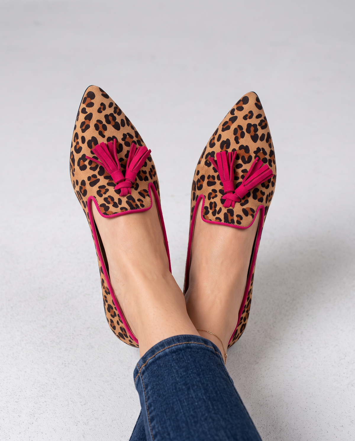 Moccasin — Suede Leopard Print, Fuchsia Tassels