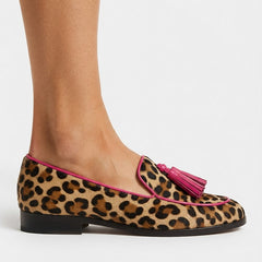 Moccasin — Leopard Print with Fuchsia Trim and Tassels