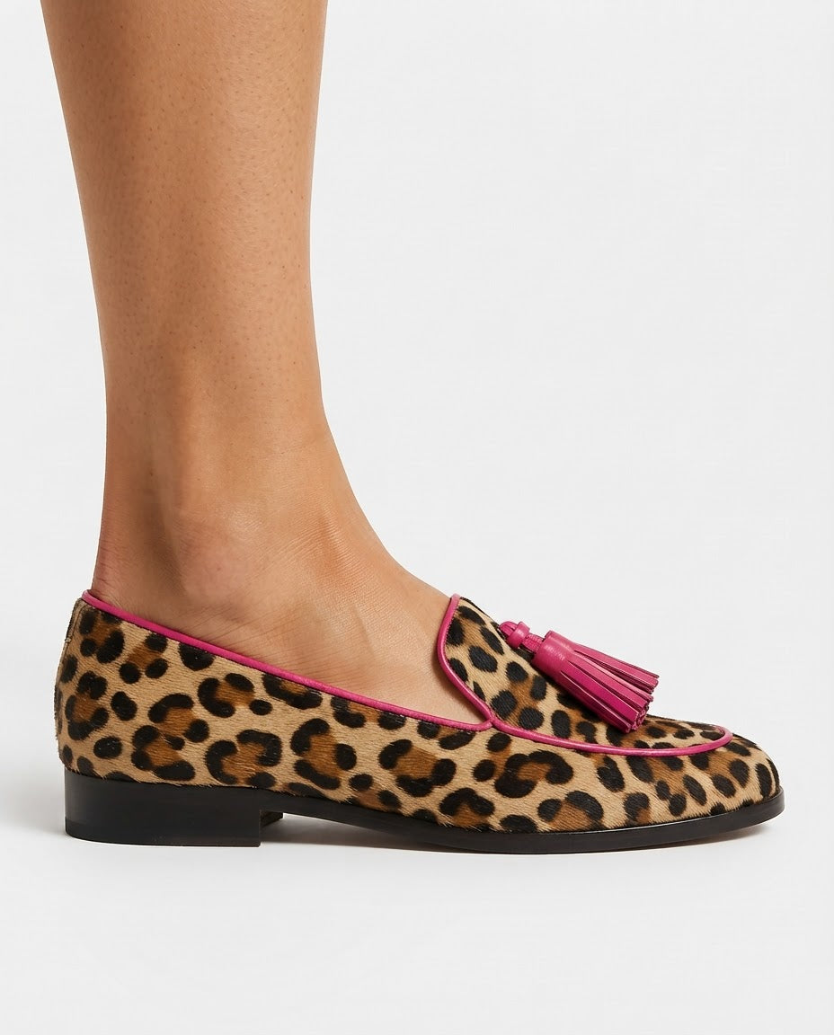 Moccasin — Leopard Print with Fuchsia Trim and Tassels
