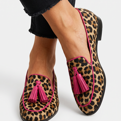 Moccasin — Leopard Print with Fuchsia Trim and Tassels