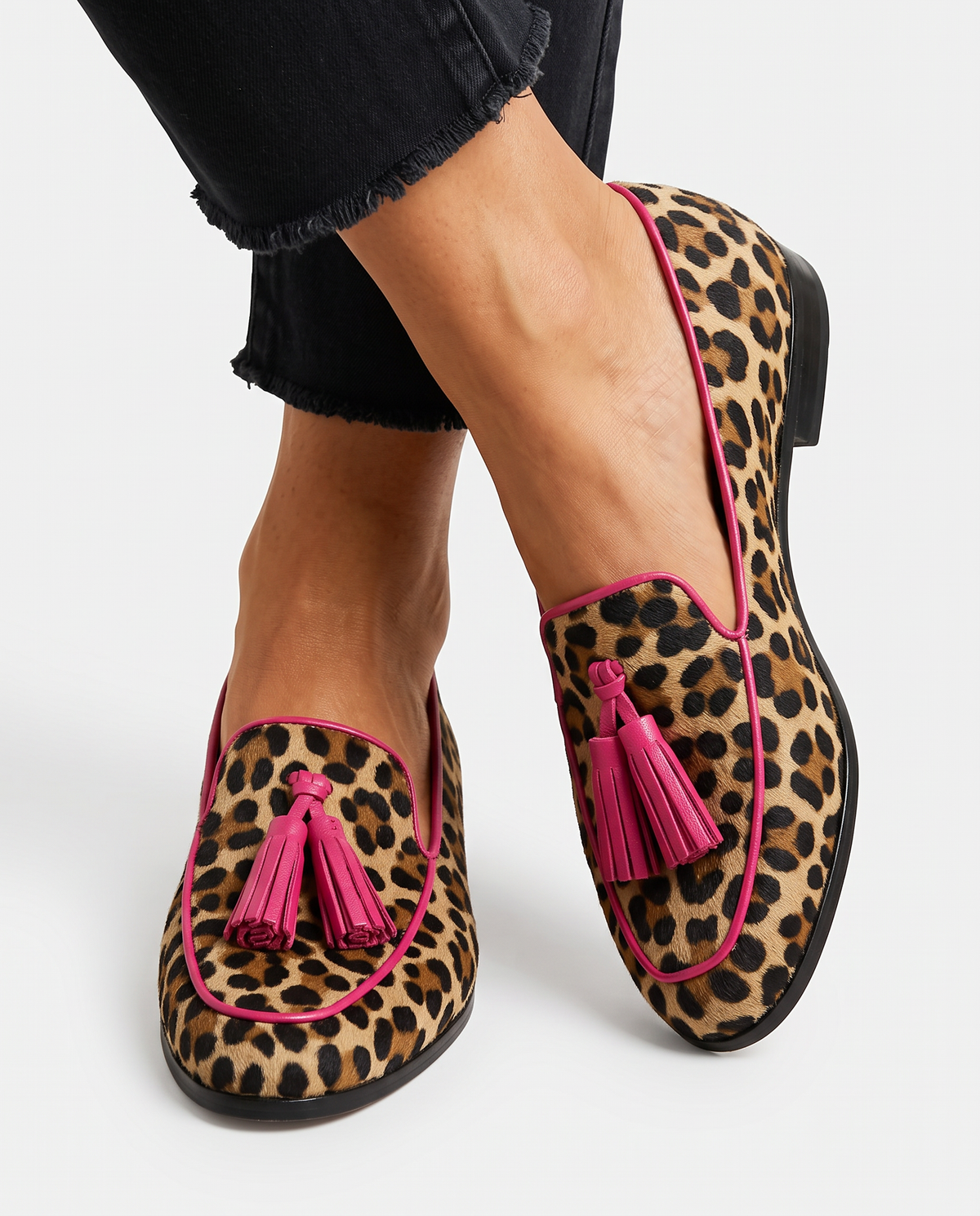 Moccasin — Leopard Print with Fuchsia Trim and Tassels