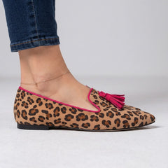 Moccasin — Suede Leopard Print, Fuchsia Tassels