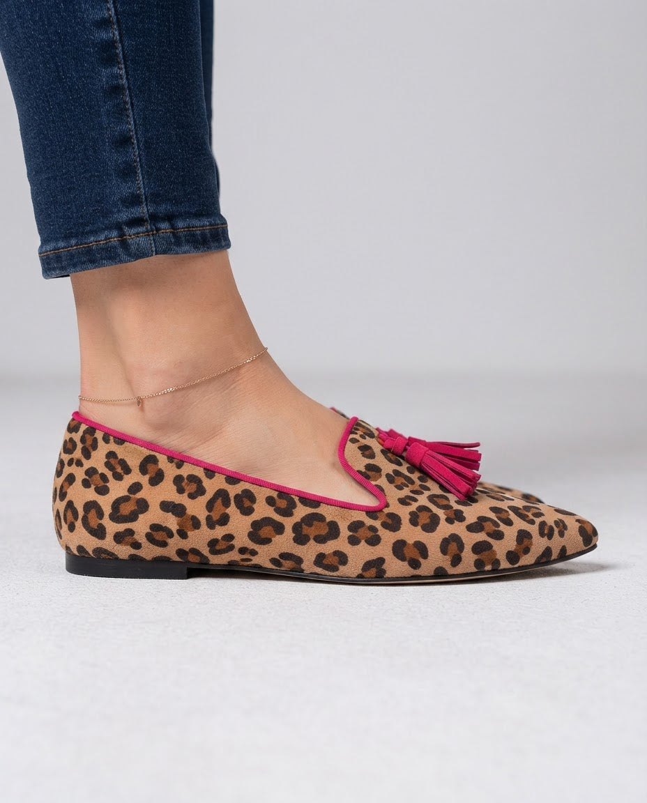 Moccasin — Suede Leopard Print, Fuchsia Tassels