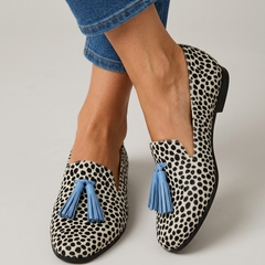 Moccasins — Black and White Leopard with Light Blue Tassels