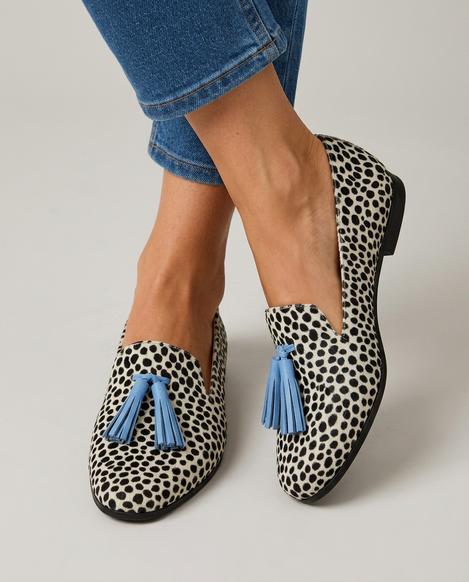 Moccasins — Black and White Leopard with Light Blue Tassels