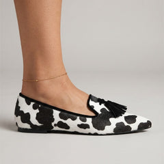 Moccasin — Black and White Cow Print, Black Tassels