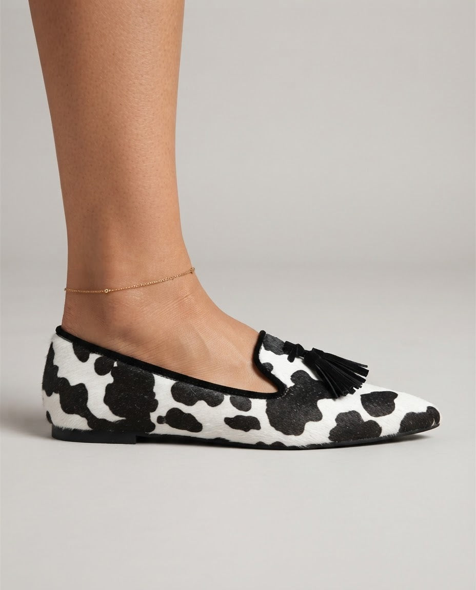 Moccasin — Black and White Cow Print, Black Tassels