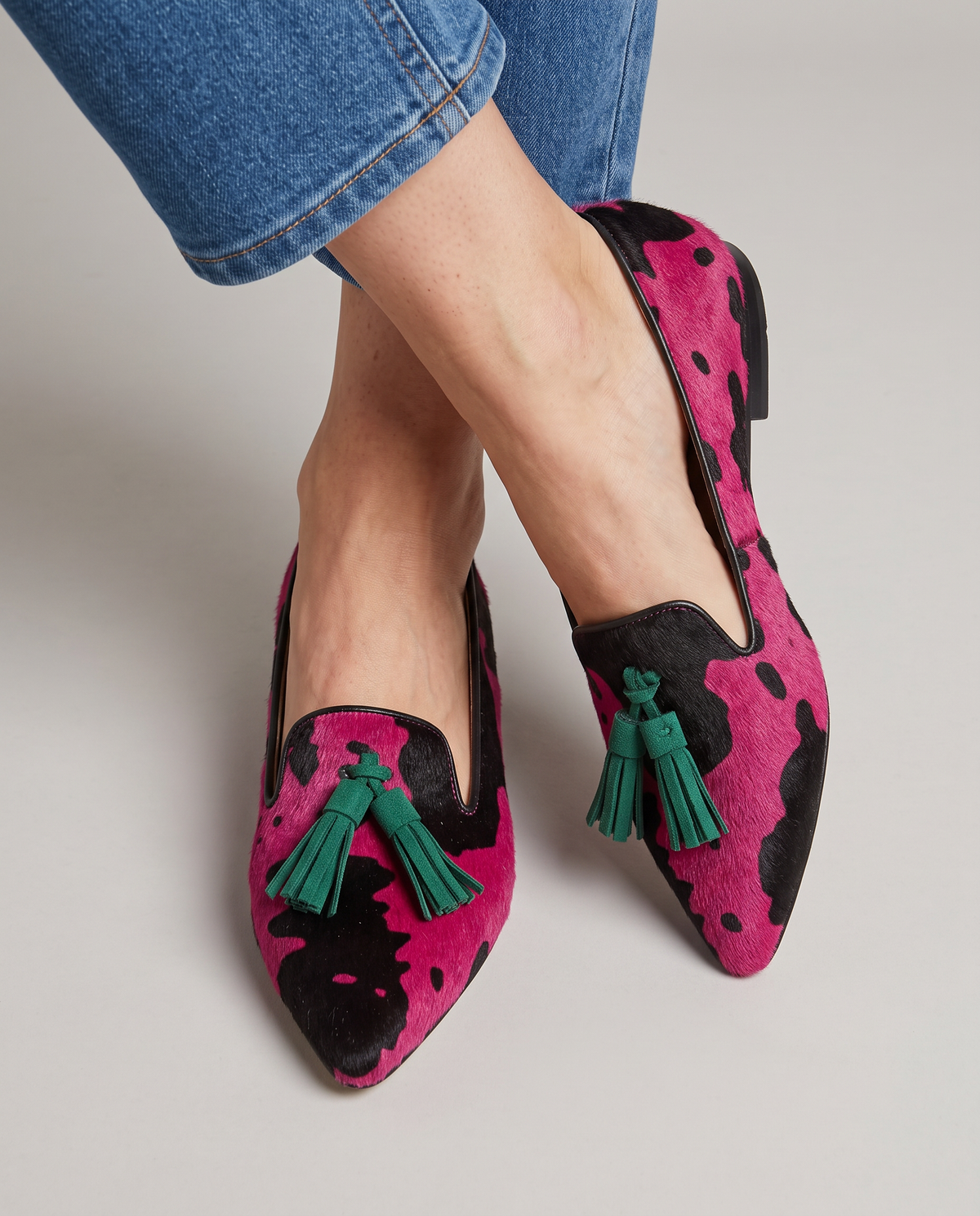 Moccasin — Fuchsia Cow, Green Tassels