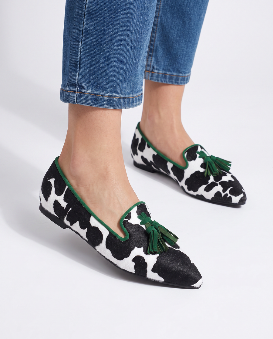 Moccasin — Black and White Cow Print, Green Tassels