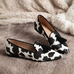 Moccasin — Black and White Cow Print, Black Tassels