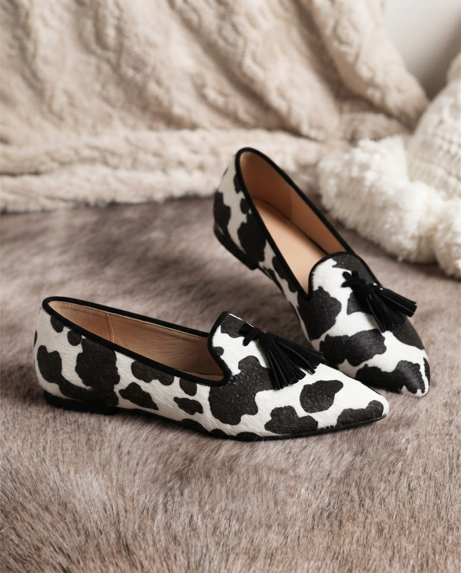 Moccasin — Black and White Cow Print, Black Tassels