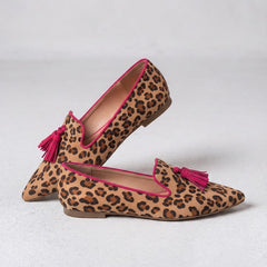 Moccasin — Suede Leopard Print, Fuchsia Tassels