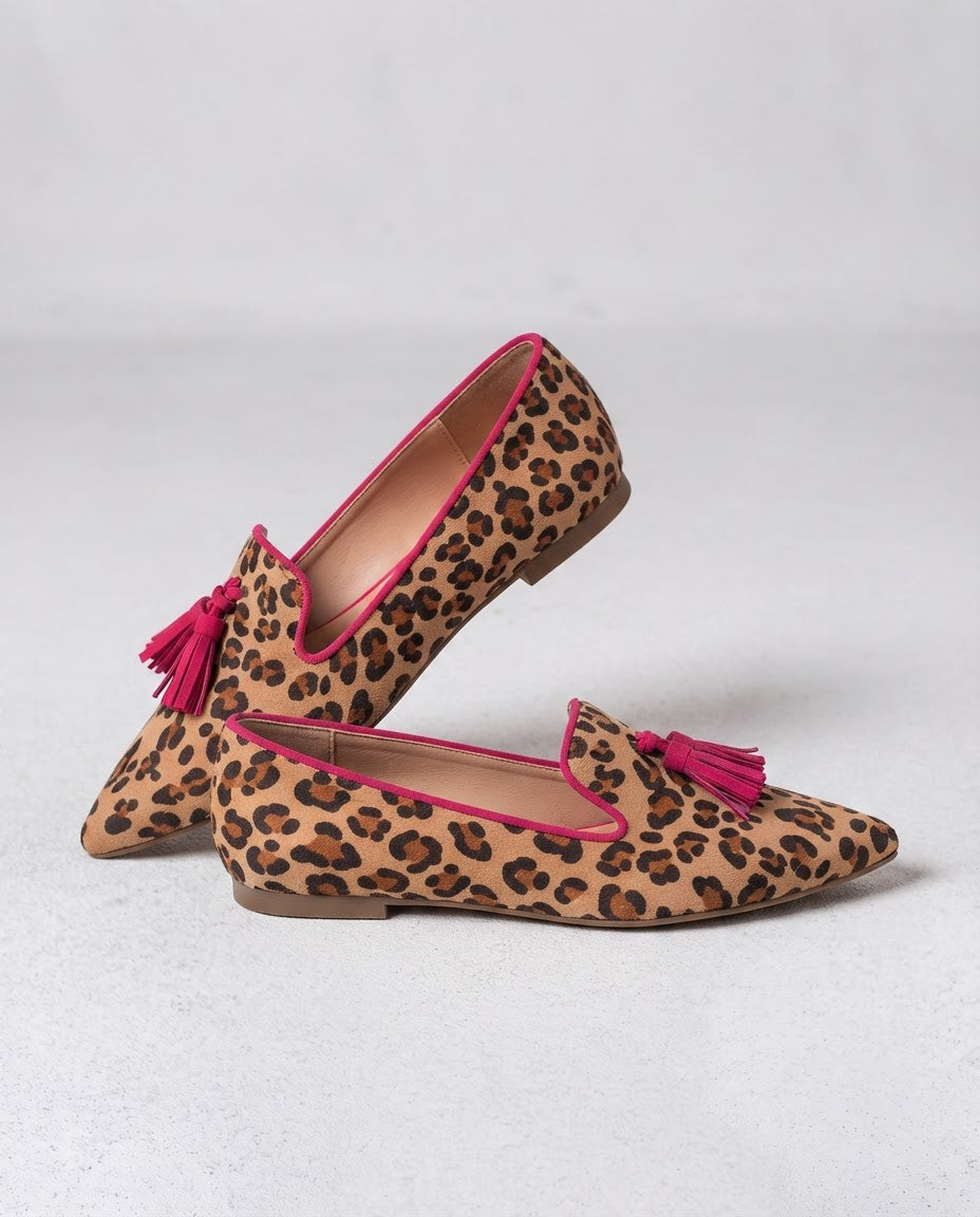 Moccasin — Suede Leopard Print, Fuchsia Tassels