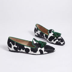 Moccasin — Black and White Cow Print, Green Tassels