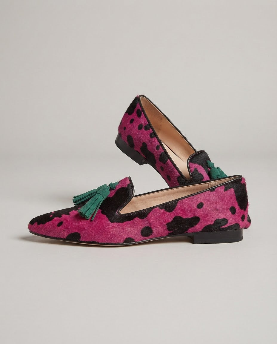 Moccasin — Fuchsia Cow, Green Tassels