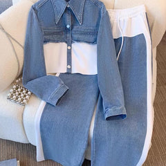 Color-Block Cropped Jacket & Wide-Leg Pants Set