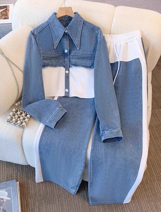 Color-Block Cropped Jacket & Wide-Leg Pants Set