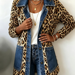 Leopard Print Denim Panel Contrast Longline Jacket