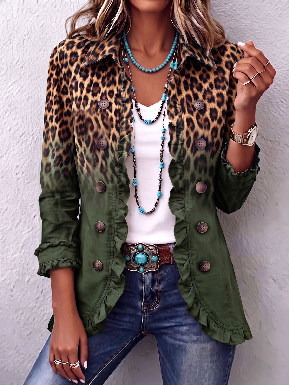 Leopard Ombre Ruffle Blazer Jacket