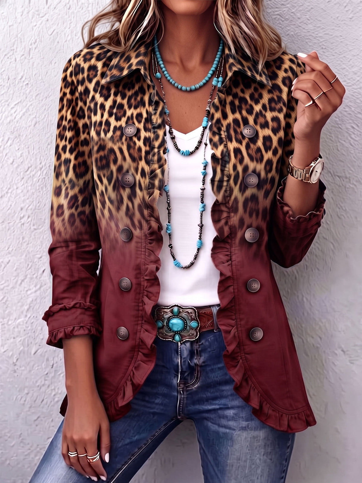 Leopard Ombre Ruffle Blazer Jacket