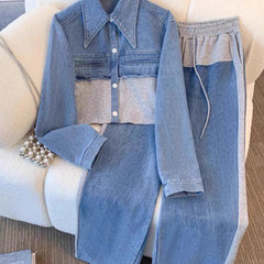 Color-Block Cropped Jacket & Wide-Leg Pants Set