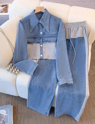 Color-Block Cropped Jacket & Wide-Leg Pants Set