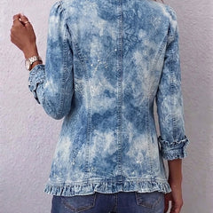 Boho-Style Gradient Vintage Botanical Print Ruffle-Detail Jacket