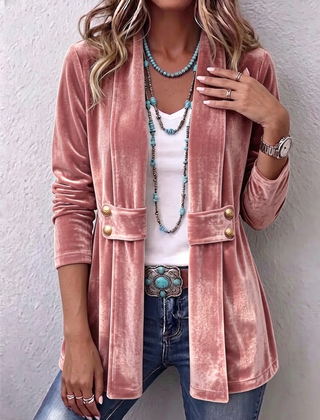 Vintage Lapel Button-Accent Long Sleeve Open Front Jacket
