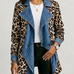 Leopard Print & Washed Denim Paneled Mid-Length Jacket