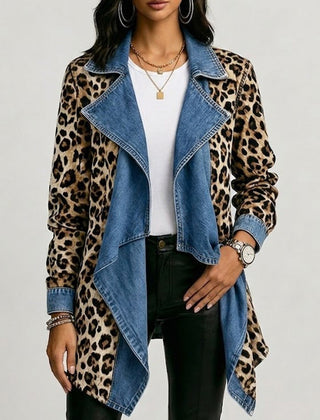 Leopard Print & Washed Denim Paneled Mid-Length Jacket