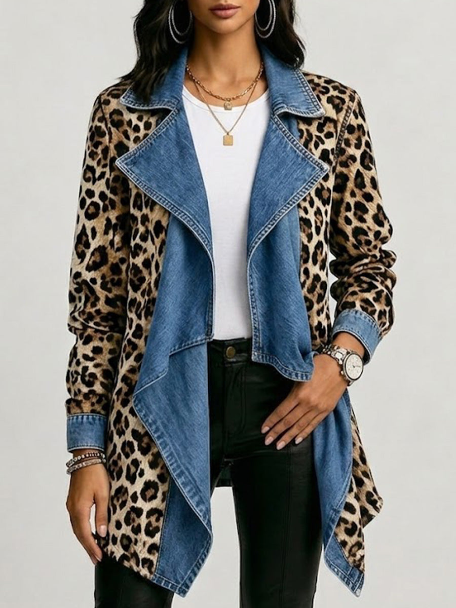 Leopard Print & Washed Denim Paneled Mid-Length Jacket